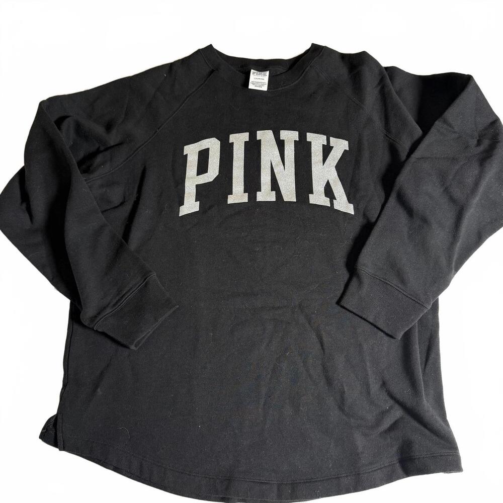 PINK Black L/S Sweatshirt with Glitter Silver Logo. Rounded Bottom Size Large